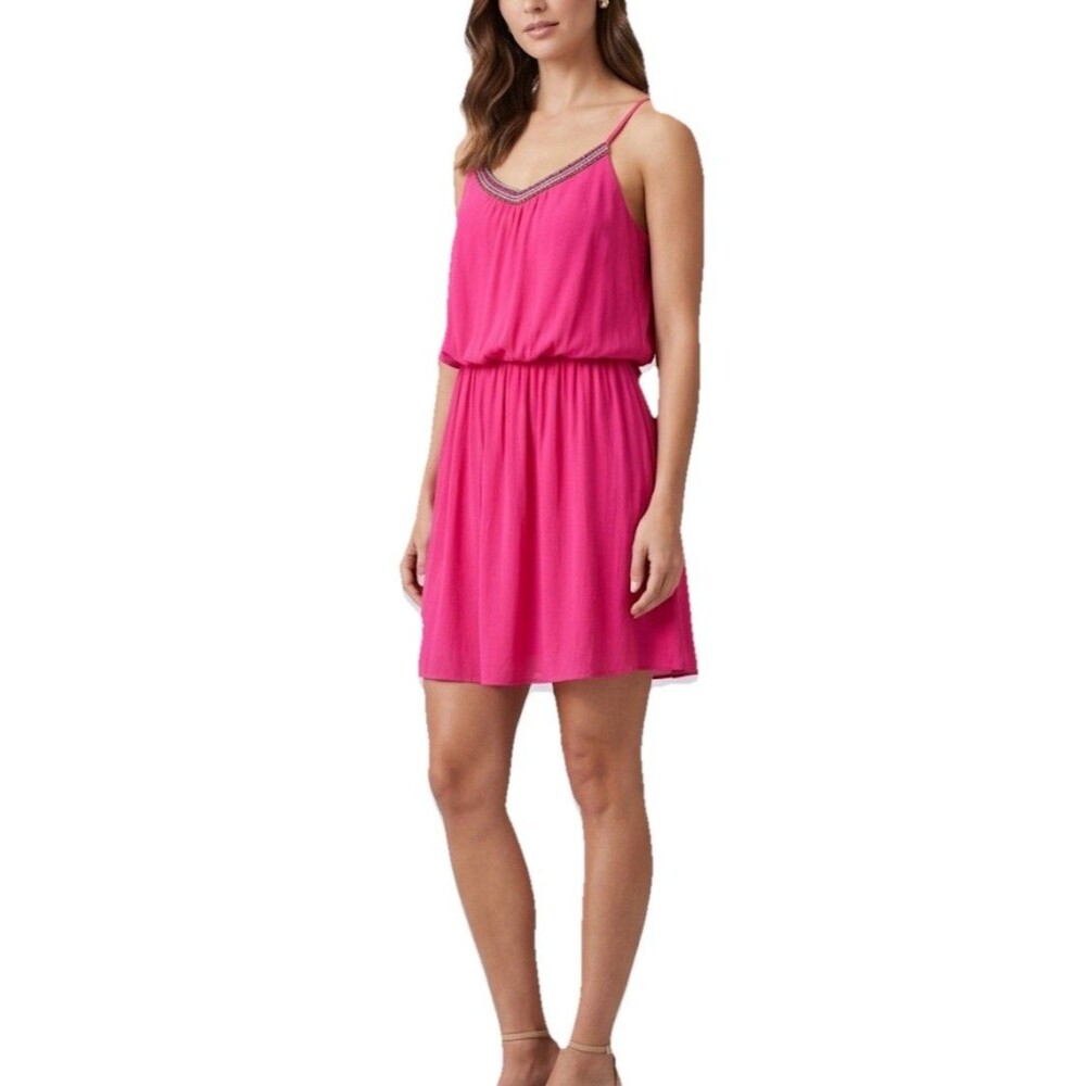 Iz Byer Fuchsia Pink Mini Dress Spaghetti Strap Colorful Beaded Neckline XL